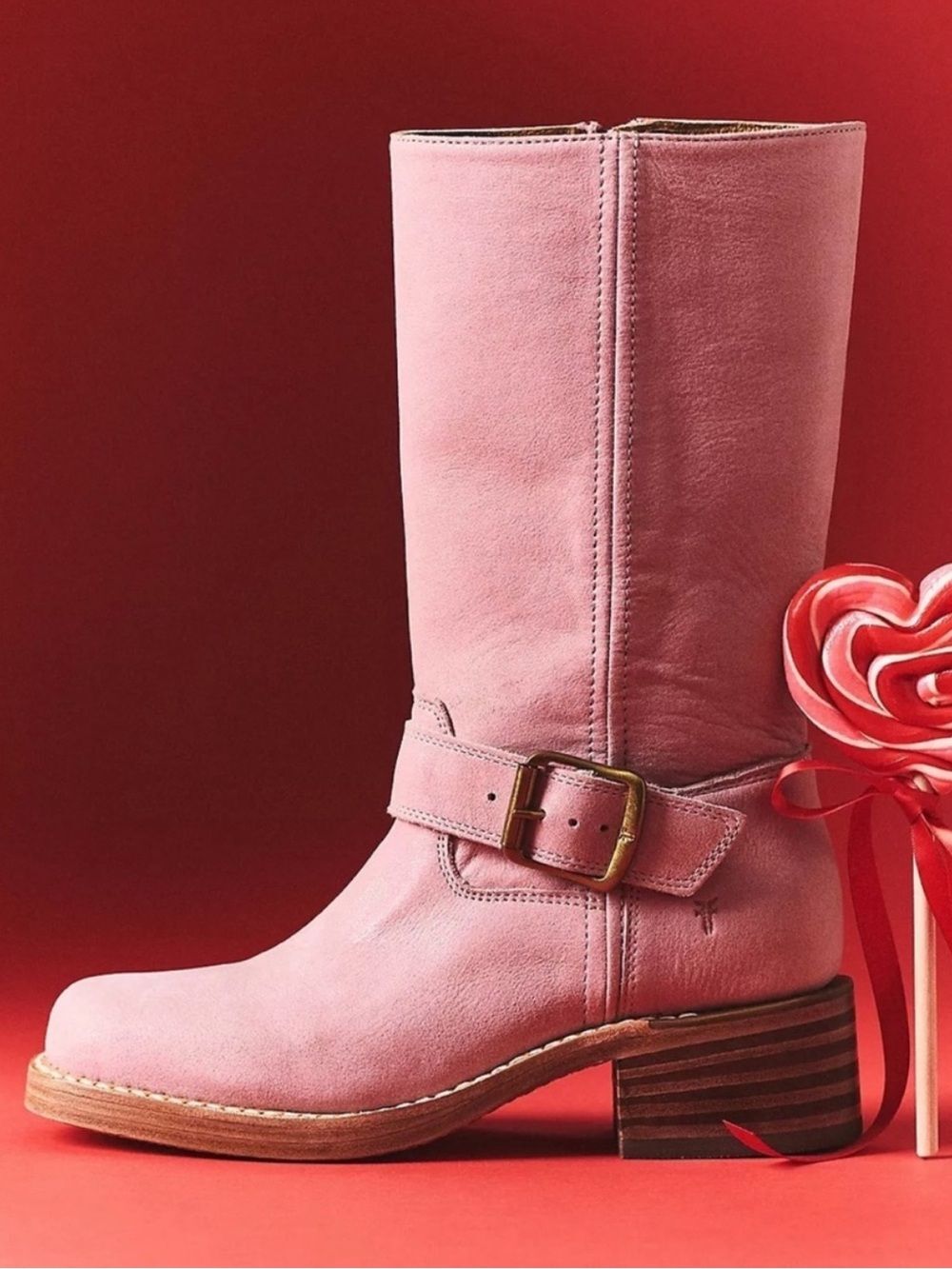 Frye Campus Buckle Boots Pink Heeled Leather Mid Calf Women’s Shoes Size 8 NEW - Picture 12 of 15